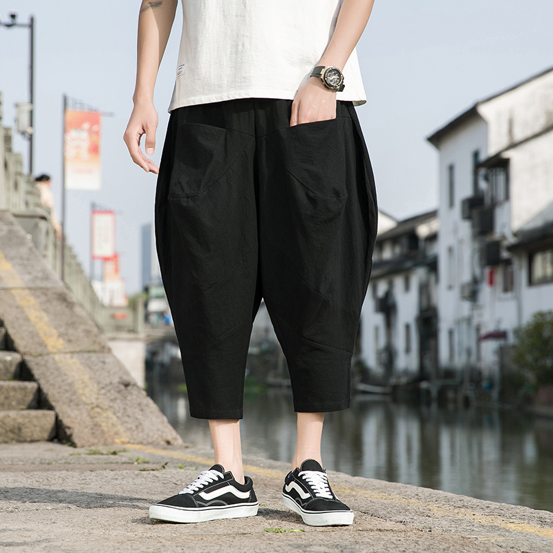 阔腿裤男夏季薄款九分休闲裤宽松低档垮裤胖子大码小脚灯笼哈伦裤