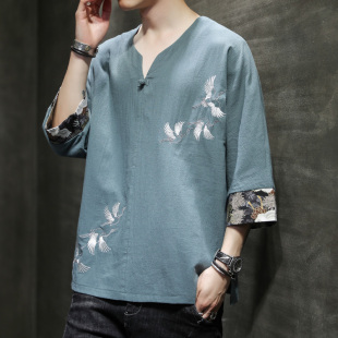 七分半袖 宽松加肥大码 潮流中国风刺绣棉麻上衣 t恤男夏季 亚麻短袖