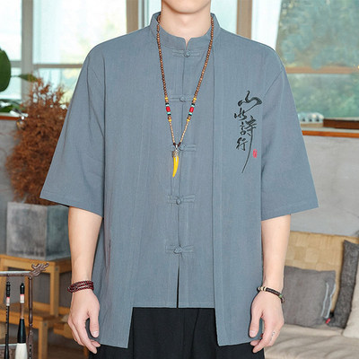 亚麻短袖衬衫男中国风复古唐装中式宽松汉服夏季大码棉麻七分袖潮