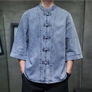 男夏季 衬衫 唐装 国风宽松大码 茶服潮 新中式 七分袖 复古盘扣牛仔短袖