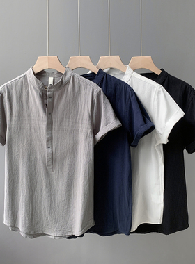 棉麻T恤男士夏季复古亚麻短袖体恤白色POLO衫立领苎麻衬衫潮冰丝