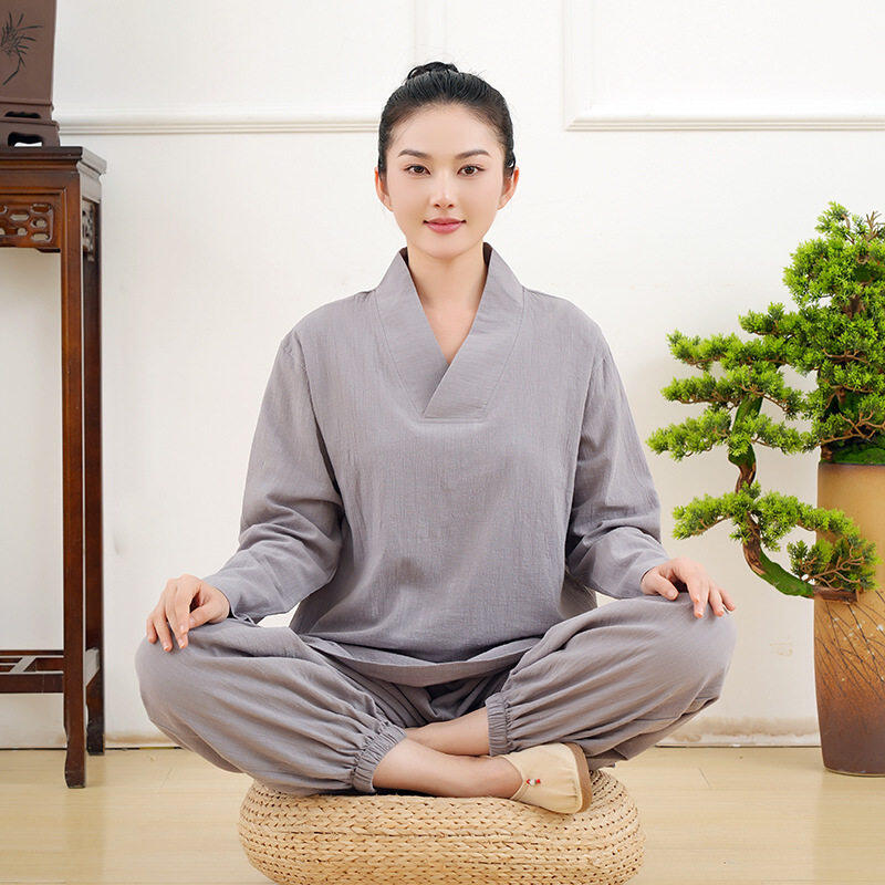 圆弘纯棉海青居士服女禅意两件套宽松茶服男养生禅修服竹节棉套装