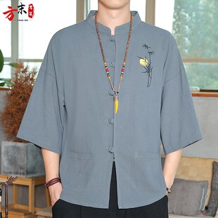 夏季大码中国风盘扣半袖衬衫男士冰丝唐装古装棉麻汉服复古中山装