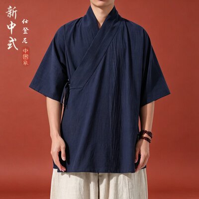 夏季明制汉服男斜襟交领上衣右衽短衫传统道袍短袖道服短打练功服