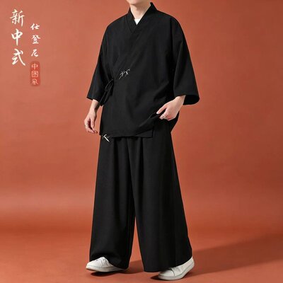 夏季明制汉服套装男对穿交领右衽短衫薄款日常短袖道袍半臂上衣服