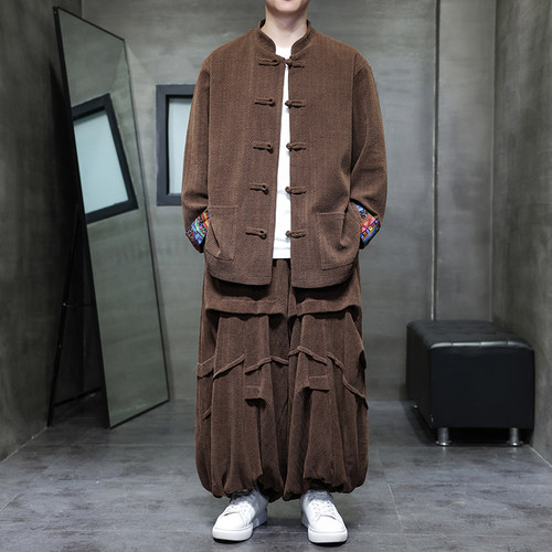 中国风居士服套装男新中式唐装印花灯芯绒外套设计感阔腿裤两件套