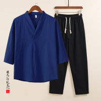 Chinese-style cotton and linen pajamas for men, loose and large-sized new Chinese-style home wear set, linen morning exercise sweat sauna suit can be worn outside thumbnail 7