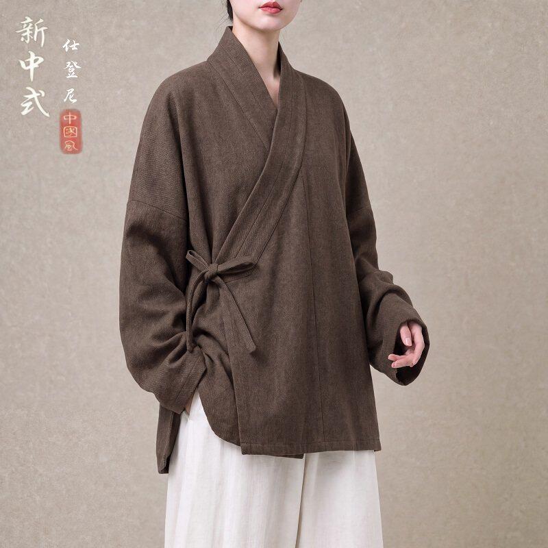 秋冬季明制汉服男女款中国风毛呢魏晋右衽禅意居士服宽松大码道袍