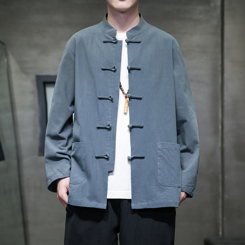 新中式长袖亚麻衬衫唐装居士服