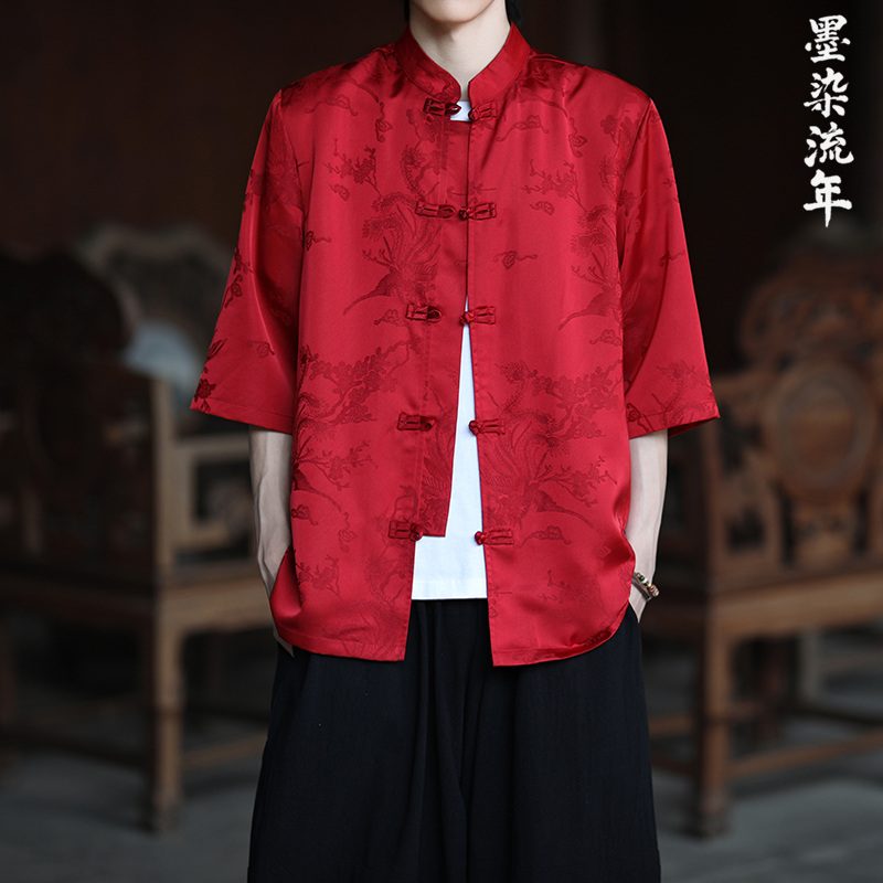 中国风新中式花衬衫男表演短袖夏季冰丝改良中山汉服民国唐装上衣