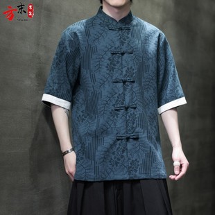 亚麻短袖衬衫男夏季薄款中国风唐装新中式提花立领盘扣棉麻衬衣潮
