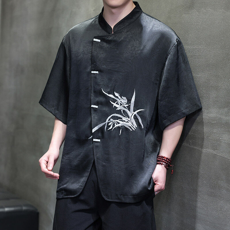 新中式男士大码缎面凉感兰花刺绣短袖上衣改良汉服冰丝薄款唐装男