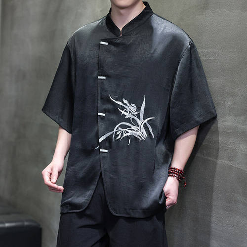 新中式男士大码缎面凉感兰花刺绣短袖上衣改良汉服冰丝薄款唐装男