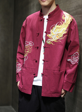 中国风刺绣龙袍红色唐装外套男春季亚麻夹克中式盘扣复古中山装潮