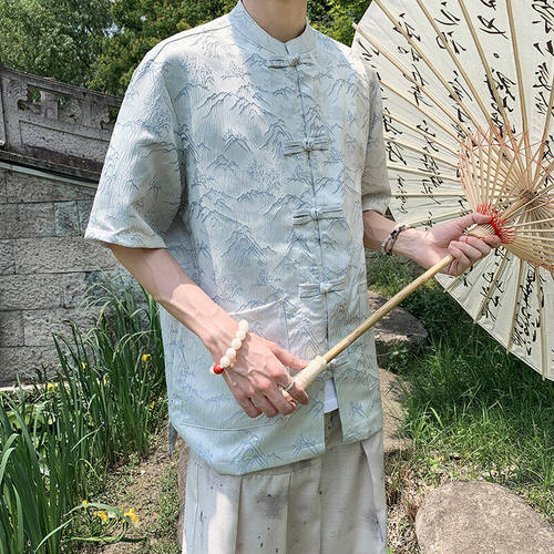 新中式大好河山提花盘扣短袖衬衫