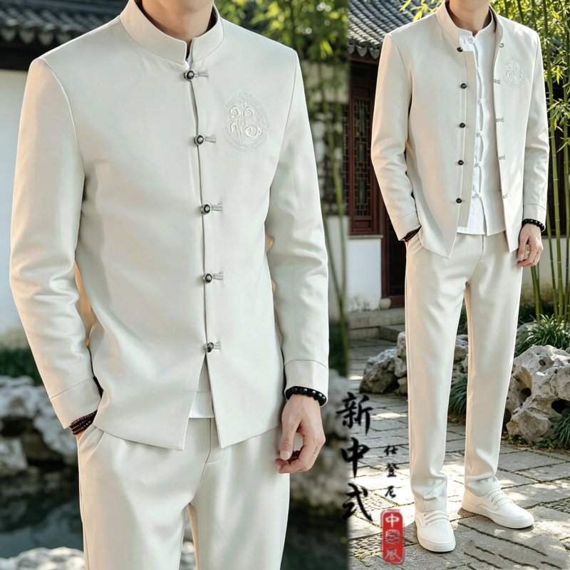 中国风西装男汉服套装刺绣唐装中式结婚礼服复古装青年修身中山装