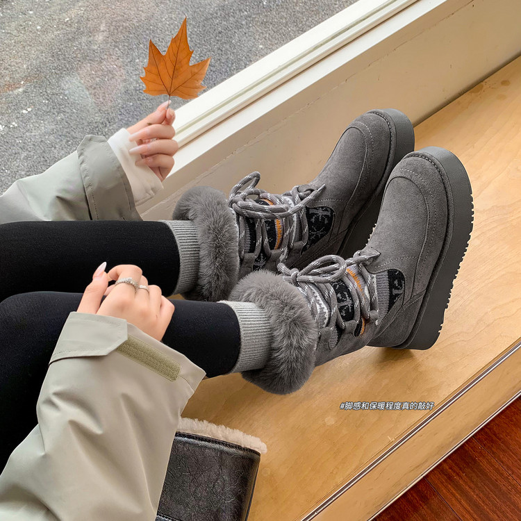 4.5cm厚底毛绒雪地靴女2025冬季新款百搭加绒保暖系带短靴防滑鞋