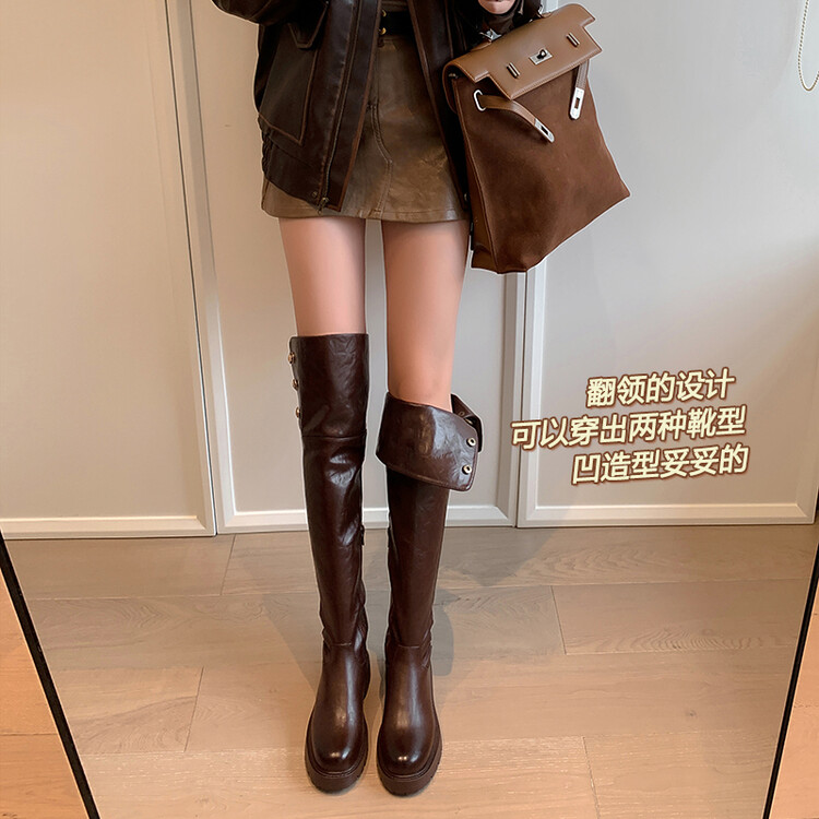 大长腿～！2024新款修型塑身两穿翻折过膝靴女厚底长靴显瘦骑士靴