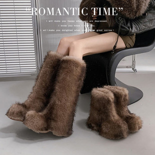 拼色斑纹高筒毛毛靴丑萌厚底毛茸茸雪地靴女款冬季加绒加厚长筒靴