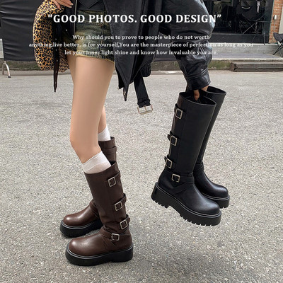英伦风圆头厚底长筒靴女小个子高跟长靴2025新款皮带扣高筒骑士靴