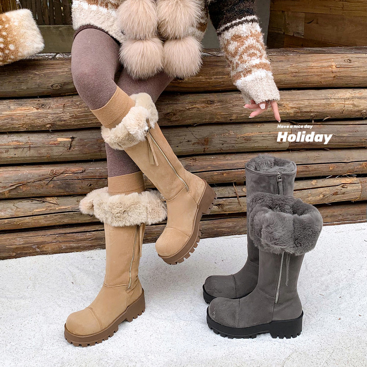 5.5cm加厚加绒高筒雪地靴女2025冬季新款圆头厚底保暖长筒毛毛靴