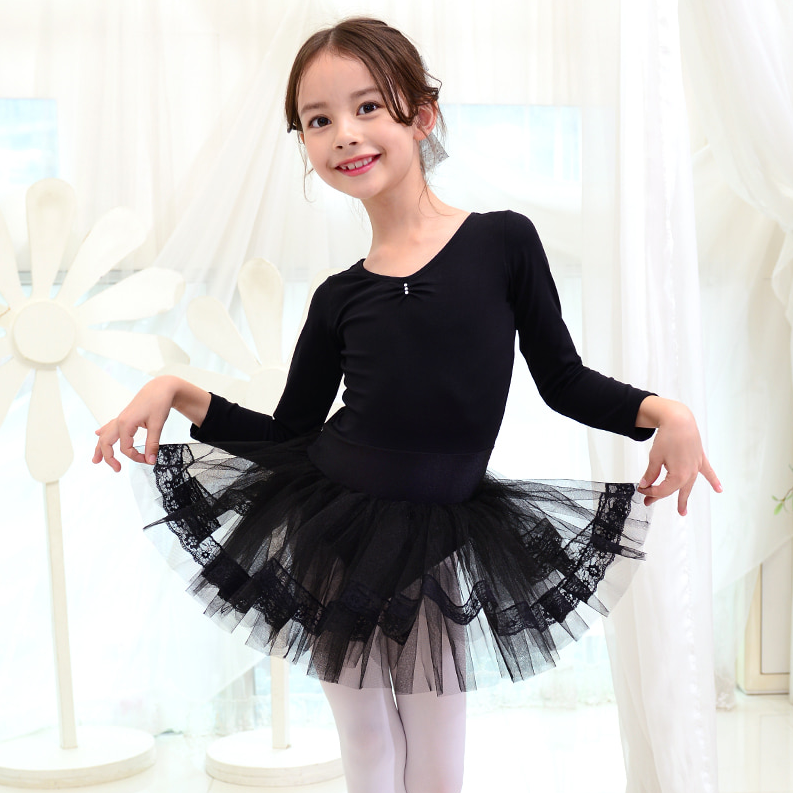 韩国进口儿童舞蹈练功服秋冬长袖暗扣开裆跳舞裙女孩芭蕾课蓬蓬裙