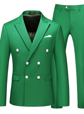 春季男士西服两件套双排扣鲜绿色休闲上衣西装裤大码工装潮男裤子
