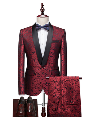 秋冬男士晚礼服西装套装男休闲两件套红色英伦风个性宽领单西外套