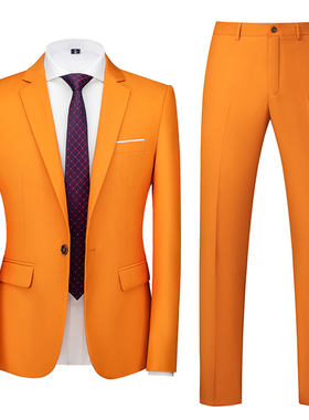 橙色西装男两件套商务修身新款韩版西服套装青年彩色结婚上衣西裤