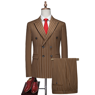 棕色西装男大码双排扣条纹外套两件套上衣裤子韩版休闲套装秋款