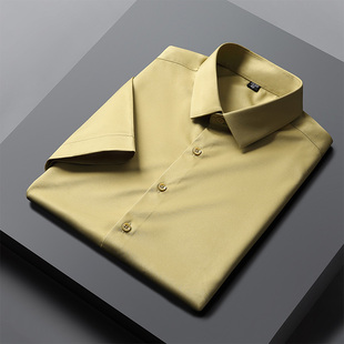 贡绸弹力免烫短袖衬衫男薄款帅气绿色英伦工装修身夏季半截袖衬衣