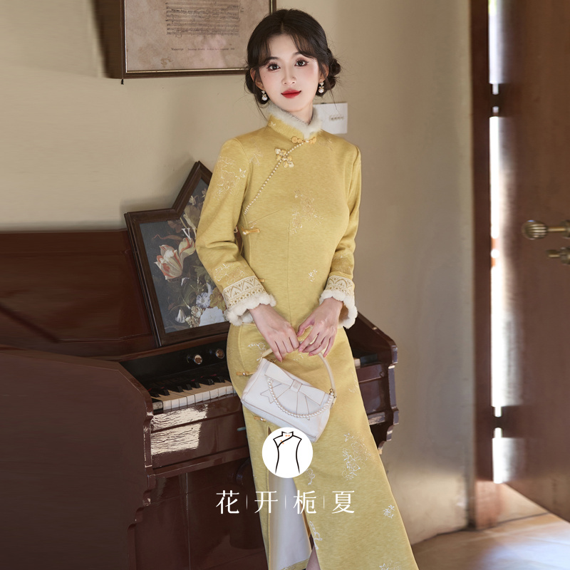 新中式改良少女黄色加绒旗袍