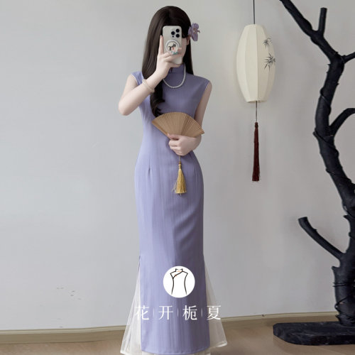 新中式绝美气质无袖紫色旗袍