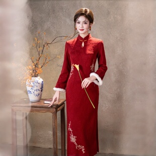 新中式红色订婚旗袍新娘敬酒服冬款结婚礼服气质修身连衣裙10/20