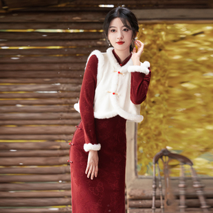 红色旗袍马甲套装2025冬季新中式改良少女加绒加厚拜年服