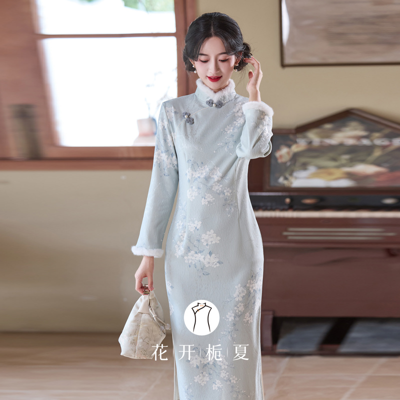 掐腰修身长袖蓝色国风旗袍加绒