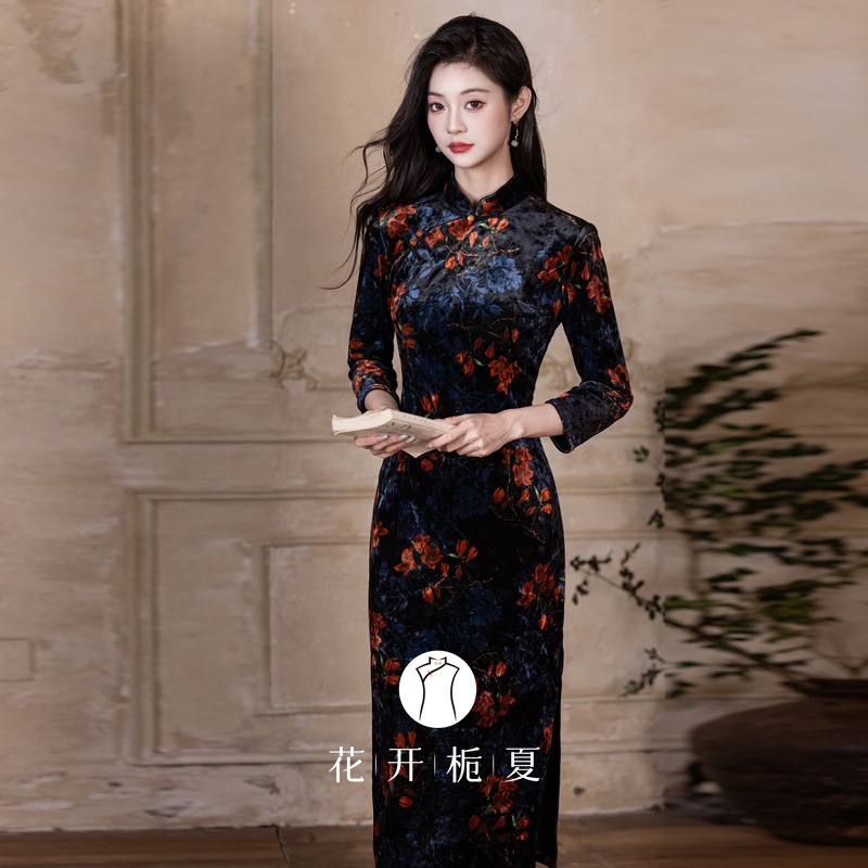 复古老上海黑色丝绒旗袍