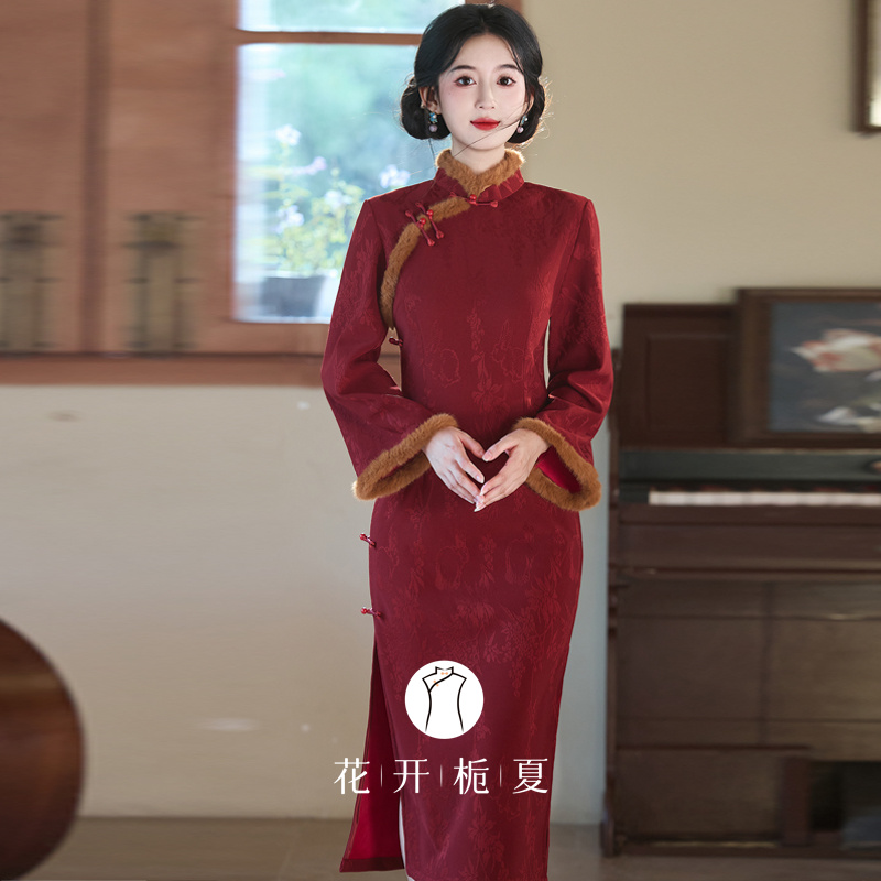 新中式改良红色旗袍冬装加绒保暖