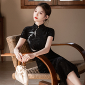 高级感气质修身 黑色旗袍2026新款 复古民国风长款 连衣裙 银叶