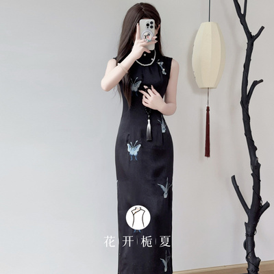 新中式改良黑色无袖旗袍