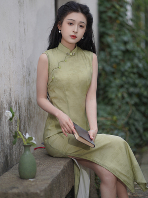 新中式国风改良绿色无袖旗袍