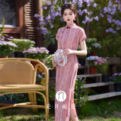 新款 粉色条纹旗袍国风文艺少女气质连衣裙2026夏季 蜜桃粉