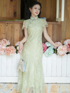 显瘦曳地长款 少女修身 连衣裙 绿色蕾丝鱼尾旗袍年轻款 花开栀夏