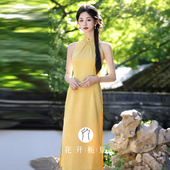 挂脖黄色高级订婚礼服高端大气 绝美气质无袖 月晨 新中式