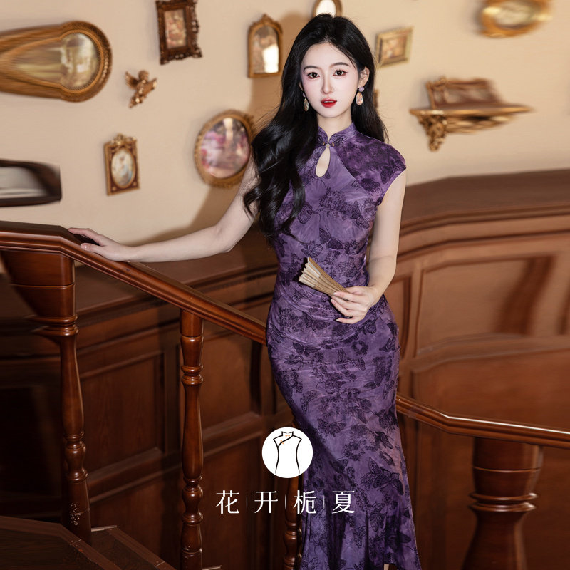 紫色旗袍新中式国风改良性感女人味连衣裙纯欲收腰包臀连衣裙3/27