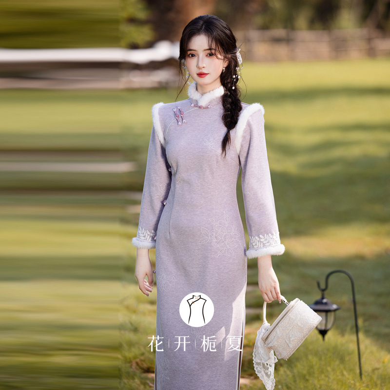 新中式改良紫色旗袍加绒加厚
