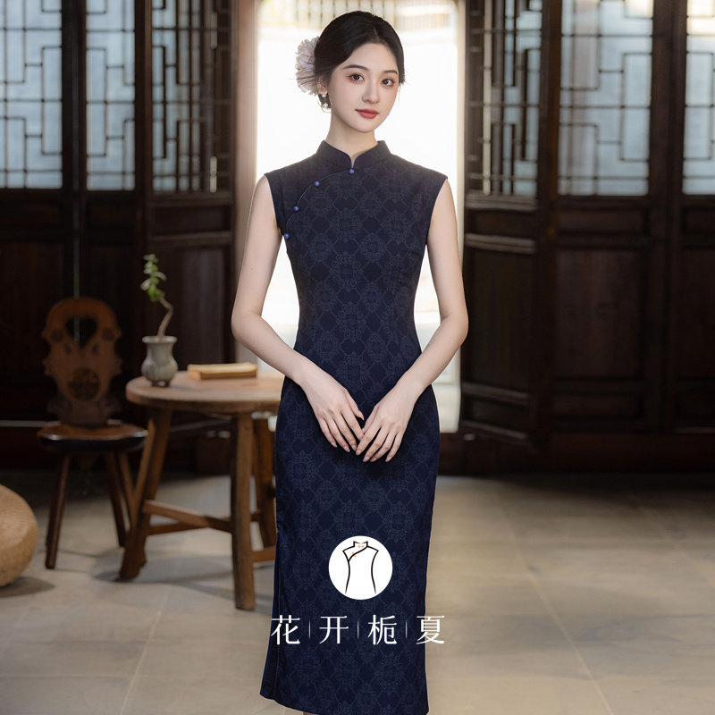 复古民国风藏青色无袖旗袍