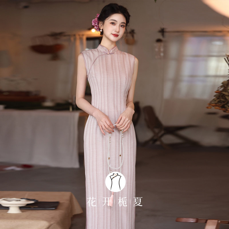 粉色旗袍2026新款新中式复古文艺少女无袖条纹连衣裙修身显瘦3/5