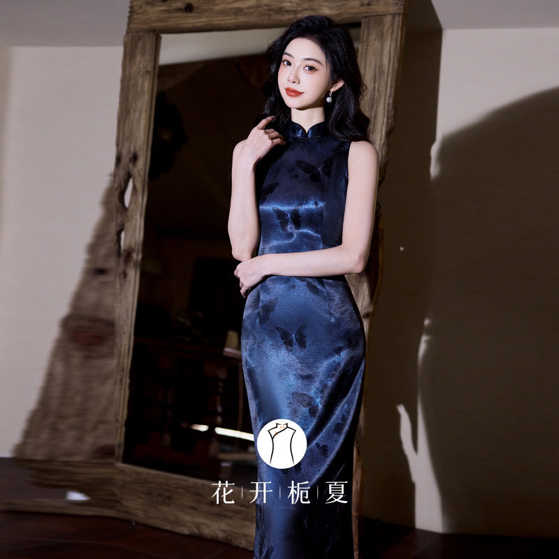 《深海蝶恋》老上海复古高级感蓝色无袖绝美气质港风连衣裙