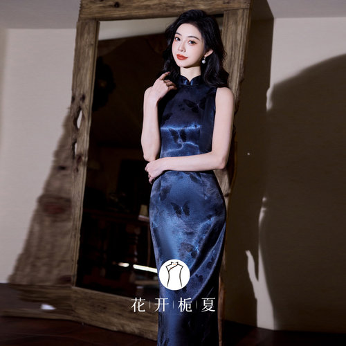 老上海复古高级感蓝色无袖旗袍